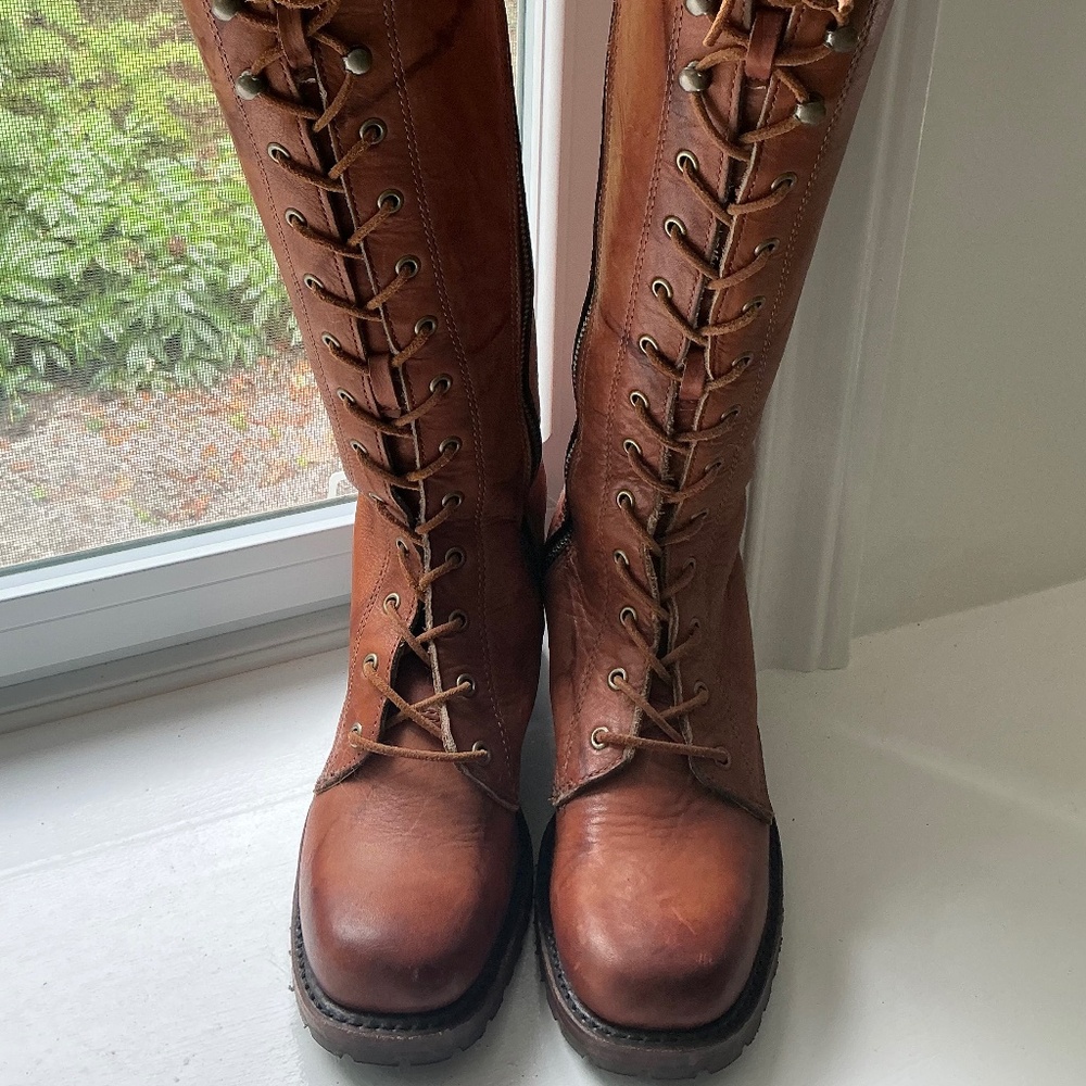 FRYE Vintage Tall Knee high Lace up Campus Leather Boots Caramel US 7M